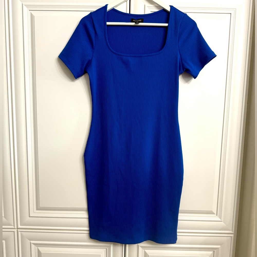 Eclipse Sz Medium Royal Blue Short Sleeve Square Neck Ribbed Fitted Midi Dress